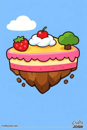 A cake-slice shaped floating island is shown with whipped cream and a cherry on top, plus a strawberry, a small tree, and one cloud in the sky