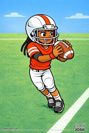 A youth football player catches the ball near the sideline while carefully controlling his footing and focusing on the play