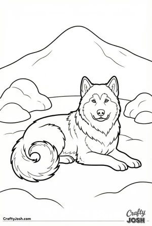 Calm malamute resting in snow