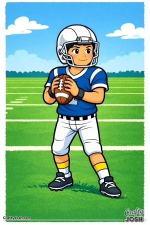 A young quarterback stands calmly in the pocket holding the football and looking downfield toward an unseen receiver