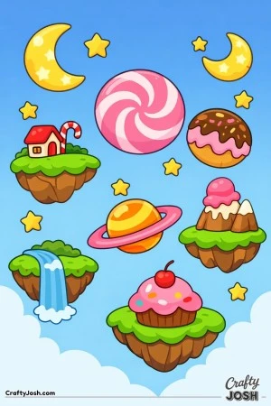 A cute fantasy space scene shows candy planets, crescent moons, stars, and floating islands with a cupcake, a house, and a waterfall