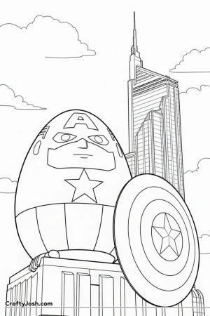 A cute round Easter egg dressed as Captain America stands proudly with a large round shield, featuring a blue helmet mask, white 