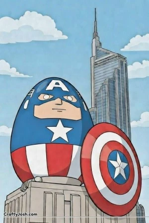 A cute round Easter egg dressed as Captain America stands proudly with a large round shield, featuring a blue helmet mask, white 
