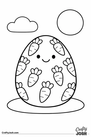 A smiling egg with a carrot pattern sits on an oval ground with a simple cloud and sun in the sky