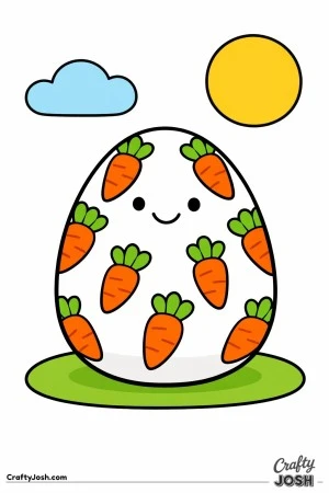 A smiling egg with a carrot pattern sits on an oval ground with a simple cloud and sun in the sky