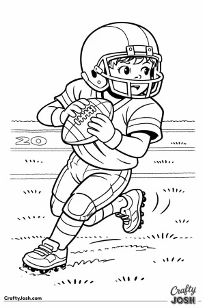 A young football player catches the ball and twists his body to turn upfield on an open field with yard lines behind him