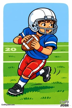 A young football player catches the ball and twists his body to turn upfield on an open field with yard lines behind him