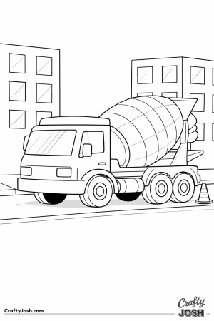 This cement mixer truck coloring page shows a large mixer parked on a quiet city street with simple buildings and a construction cone nearby