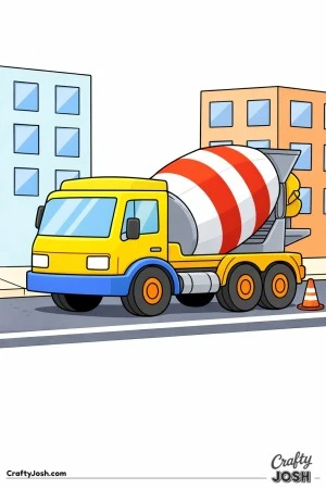 This cement mixer truck coloring page shows a large mixer parked on a quiet city street with simple buildings and a construction cone nearby