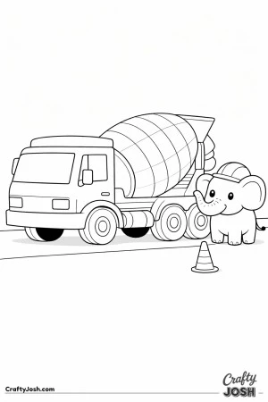 This coloring page shows a large cement mixer truck with big wheels and a round drum standing beside a small elephant wearing a construction helmet