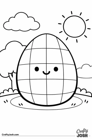 A smiling checkerboard-pattern egg sits on the grass with a tree, cloud, and sun in the background