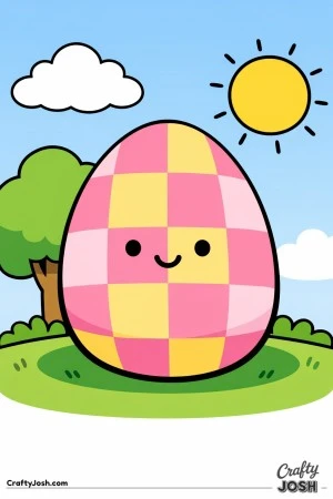 A smiling checkerboard-pattern egg sits on the grass with a tree, cloud, and sun in the background