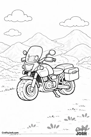 Cute chibi-style adventure motorcycle parked near a winding mountain trail with rounded hills and clouds in the background.