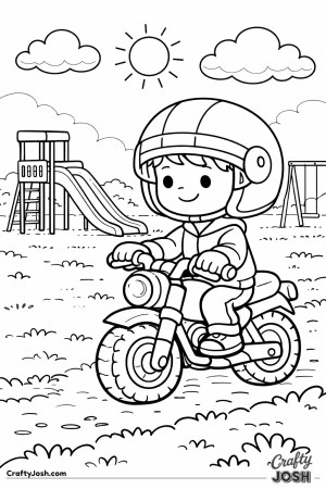 A young boy rides a small motorcycle past a playground with slides and swings.