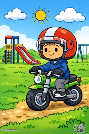 A young boy rides a small motorcycle past a playground with slides and swings.