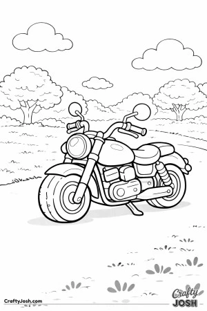 This coloring page features a cute chibi-style cruiser motorcycle parked on a park path with trees and clouds in the background.