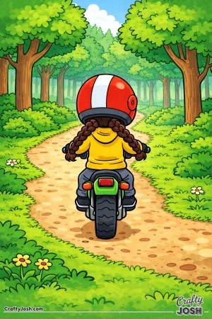 A young girl rides a small motorcycle away along a gentle forest path, seen from behind to create a calm and comforting adventure scene for young ..