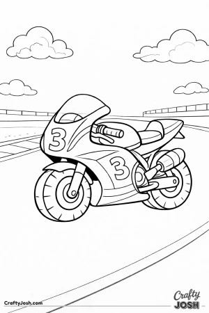 This under-5s motorcycle coloring page features a cute chibi-style race bike parked on a smooth racetrack with clouds and fencing in the background.