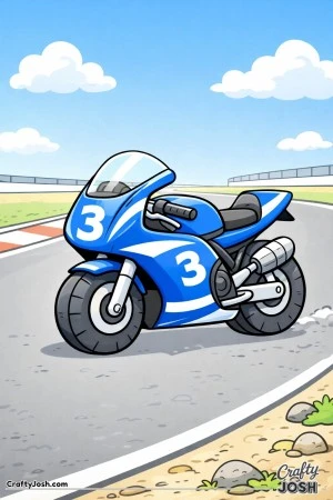 This under-5s motorcycle coloring page features a cute chibi-style race bike parked on a smooth racetrack with clouds and fencing in the background.