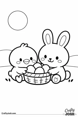 A cute chick and bunny sit together in a grassy meadow, holding a basket filled with eggs under a simple round sun