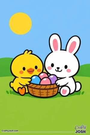 A cute chick and bunny sit together in a grassy meadow, holding a basket filled with eggs under a simple round sun