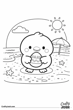 A cute baby chick stands on the beach holding a decorated Easter egg, with waves, a sun, a cloud, an umbrella, and starfish in the background