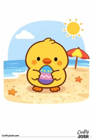 A cute baby chick stands on the beach holding a decorated Easter egg, with waves, a sun, a cloud, an umbrella, and starfish in the background