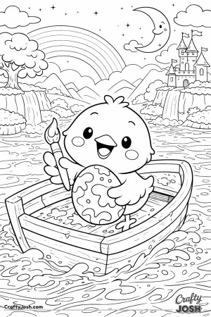A cute chick sits in a wooden boat while painting a big egg with a paintbrush, with paint splatters on the boat and water below
