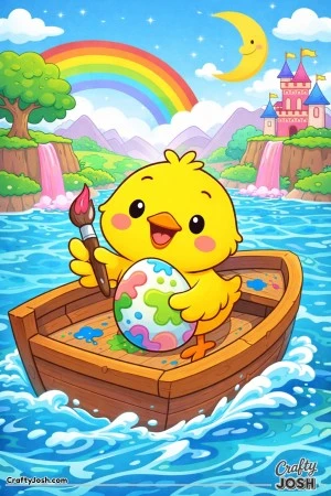 A cute chick sits in a wooden boat while painting a big egg with a paintbrush, with paint splatters on the boat and water below