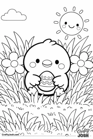 A baby chick sits in tall grass holding a decorated Easter egg, with big flowers, a smiling sun, and a cloud above
