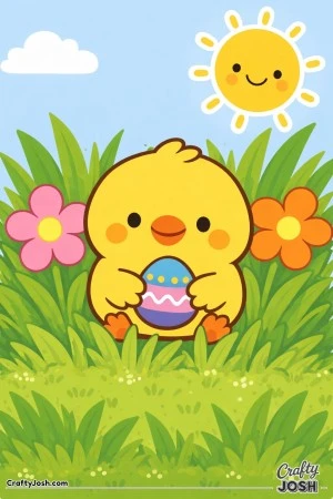 A baby chick sits in tall grass holding a decorated Easter egg, with big flowers, a smiling sun, and a cloud above