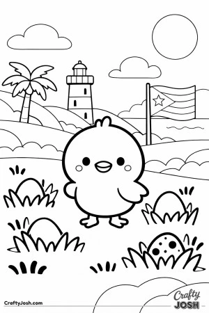 A cute baby chick stands in a meadow with rolling hills, grass, hidden eggs, a lighthouse, a palm tree, a flag on a pole, the ocean, clouds, and a ..