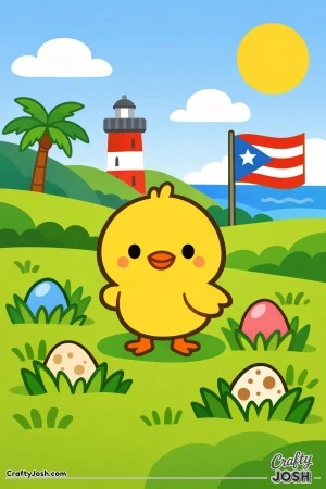 A cute baby chick stands in a meadow with rolling hills, grass, hidden eggs, a lighthouse, a palm tree, a flag on a pole, the ocean, clouds, and a ..