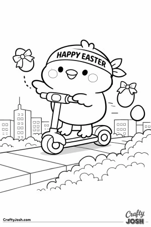 A cute chick rides an electric scooter on a sidewalk in front of simple city buildings while tossing Easter eggs.