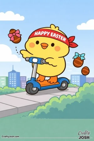 A cute chick rides an electric scooter on a sidewalk in front of simple city buildings while tossing Easter eggs.
