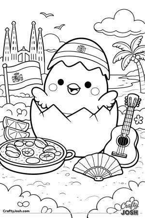 A smiling baby chick pops out of a cracked egg while holding a flag, with tall buildings, a beach, a palm tree, a pan of food, a guitar, and a hand ..