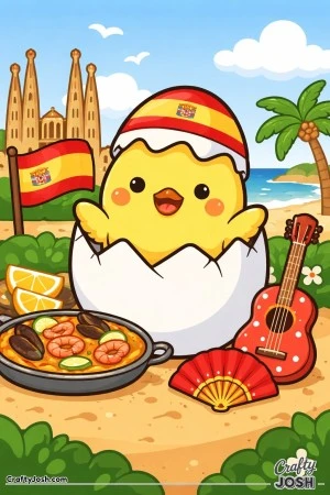 A smiling baby chick pops out of a cracked egg while holding a flag, with tall buildings, a beach, a palm tree, a pan of food, a guitar, and a hand ..