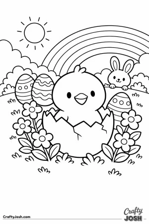 A smiling chick sits inside a cracked eggshell, surrounded by flowers, decorated eggs, a rainbow, and a bunny on a grassy hill under the sun and ..