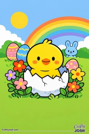 A smiling chick sits inside a cracked eggshell, surrounded by flowers, decorated eggs, a rainbow, and a bunny on a grassy hill under the sun and ..