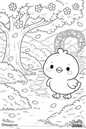 A cute baby chick stands under a blooming tree while flower petals fall around a garden path with bushes and an arched trellis in the background