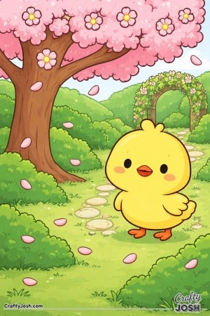 A cute baby chick stands under a blooming tree while flower petals fall around a garden path with bushes and an arched trellis in the background