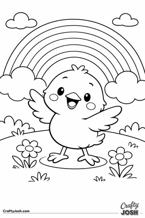 A cute baby chick stands on a grassy hill with flowers, under a big rainbow with fluffy clouds