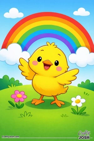 A cute baby chick stands on a grassy hill with flowers, under a big rainbow with fluffy clouds