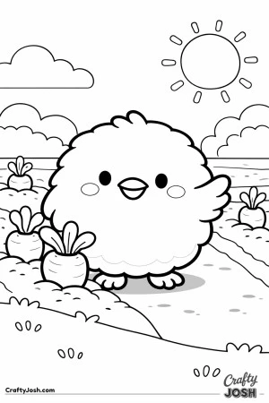A happy round chick is waving while standing in a simple garden with carrots, rows of soil, clouds, and a sun