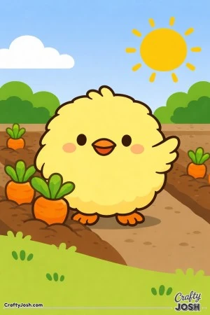 A happy round chick is waving while standing in a simple garden with carrots, rows of soil, clouds, and a sun