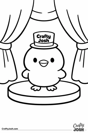 A cute chick wearing a tiny top hat labeled Crafty Josh is standing on a round stage with simple curtains behind it.