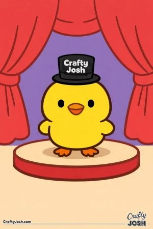 A cute chick wearing a tiny top hat labeled Crafty Josh is standing on a round stage with simple curtains behind it.