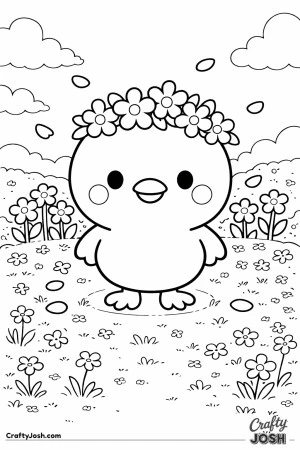A cute chick wearing a flower crown stands in a spring field with flowers, clouds, and falling petals