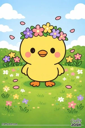 A cute chick wearing a flower crown stands in a spring field with flowers, clouds, and falling petals