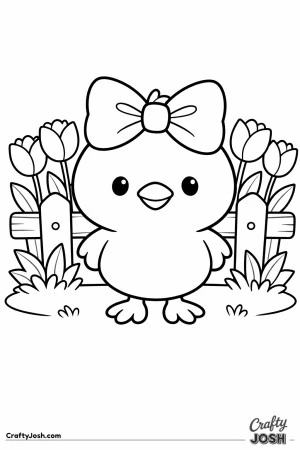 A sweet chick wearing a big bow stands in front of a wooden fence with tulips lined up behind it